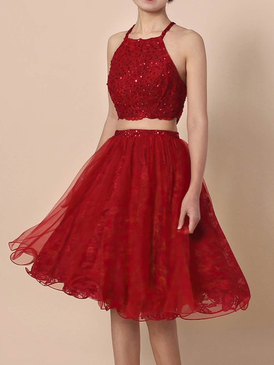 Princess Square Neckline Lace Tulle Short/Mini Beading Short Prom Dresses #UKM020105897
