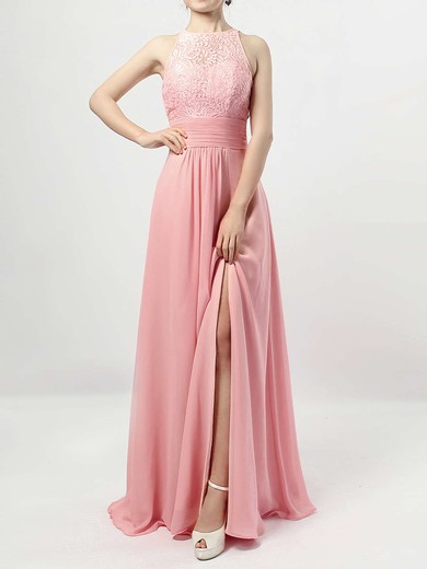 A-line Scoop Neck Lace Chiffon Floor-length Ruffles Bridesmaid Dresses #UKM01013465