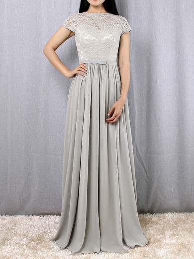 A-line Scoop Neck Lace Chiffon Floor-length Sashes / Ribbons Bridesmaid Dresses #UKM01013469