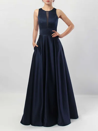 A-line Scoop Neck Satin Floor-length Pockets Bridesmaid Dresses #UKM01013558