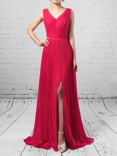 A-line V-neck Chiffon Floor-length Split Front Bridesmaid Dresses #UKM01013579