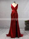 Sheath/Column V-neck Silk-like Satin Sweep Train Ruffles Prom Dresses #UKM020105829