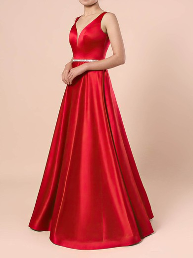 Princess V-neck Satin Floor-length Beading Prom Dresses #UKM020105875