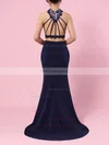 Sheath/Column High Neck Stretch Crepe Sweep Train Lace Prom Dresses #UKM020105921