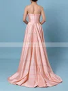 A-line Square Neckline Satin Sweep Train Pockets Prom Dresses #UKM020106414