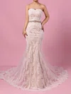 Trumpet/Mermaid Sweetheart Lace Tulle Court Train Wedding Dresses With Sashes / Ribbons #UKM00023140