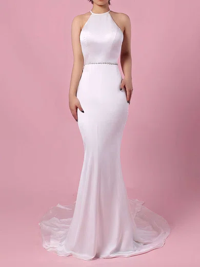 Trumpet/Mermaid Scoop Neck Chiffon Sweep Train Wedding Dresses With Sashes / Ribbons #UKM00023145