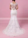 Trumpet/Mermaid V-neck Tulle Sweep Train Appliques Lace Wedding Dresses #UKM00023187