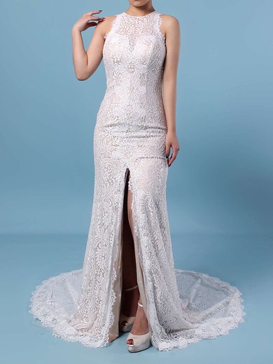 Sheath/Column Scoop Neck Lace Sweep Train Wedding Dresses With Split Front #UKM00023287