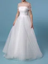 A-line Strapless Tulle Sweep Train Ruffles Wedding Dresses #UKM00023347