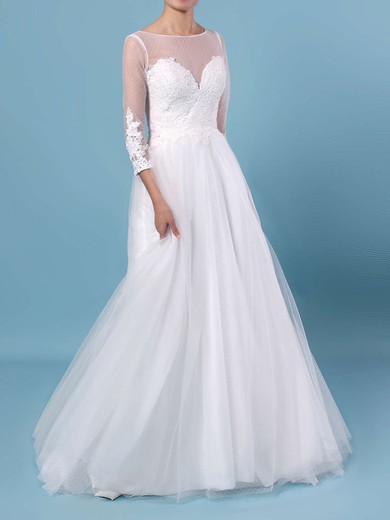 Ball Gown Illusion Tulle Floor-length Wedding Dresses With Appliques Lace #UKM00023348