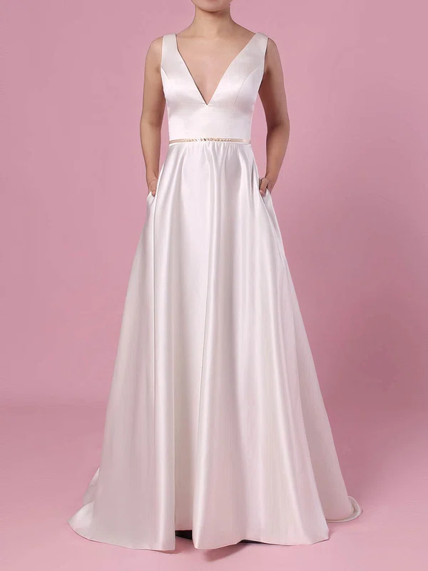 A-line V-neck Satin Sweep Train Wedding Dresses With Pockets #UKM00023350