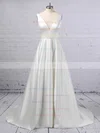 A-line V-neck Satin Sweep Train Beading Wedding Dresses #UKM00023350