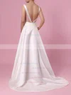 A-line V-neck Satin Sweep Train Beading Wedding Dresses #UKM00023350