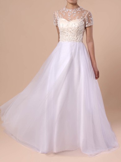 Princess Scoop Neck Tulle Sweep Train Beading Wedding Dresses #UKM00023351