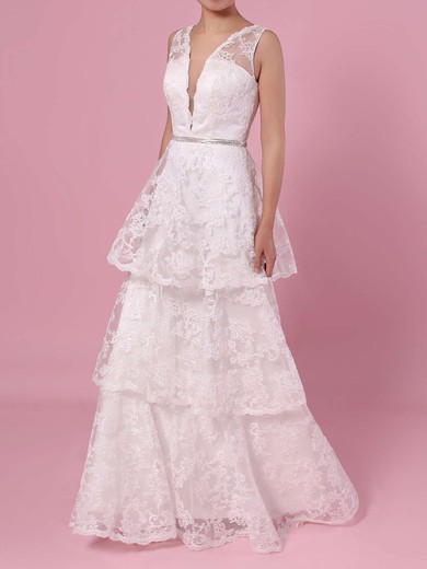 A-line V-neck Lace Sweep Train Beading Wedding Dresses #UKM00023353
