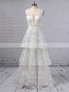 A-line V-neck Lace Sweep Train Beading Wedding Dresses #UKM00023353