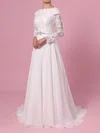 A-line Scoop Neck Lace Chiffon Sweep Train Wedding Dresses With Sashes / Ribbons #UKM00023355