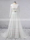 A-line Scoop Neck Lace Chiffon Sweep Train Beading Wedding Dresses #UKM00023355