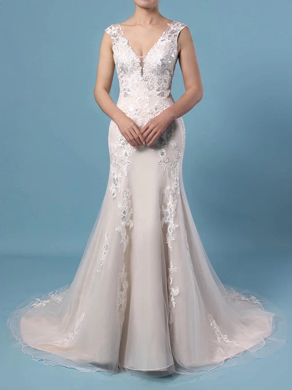 Trumpet/Mermaid V-neck Tulle Sweep Train Wedding Dresses With Appliques Lace #UKM00023356