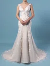 Trumpet/Mermaid V-neck Tulle Sweep Train Wedding Dresses With Appliques Lace #UKM00023356