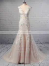 A-line V-neck Tulle Sweep Train Appliques Lace Wedding Dresses #UKM00023356