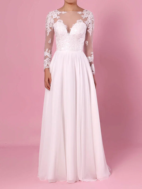 A-line Illusion Chiffon Floor-length Wedding Dresses With Appliques Lace #UKM00023359