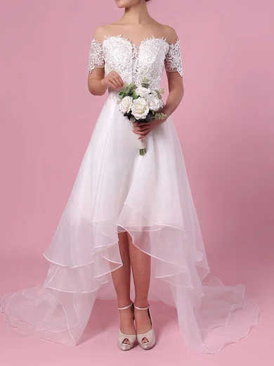 A line Off the shoulder Organza Asymmetrical Wedding Dresses With Appliques Lace