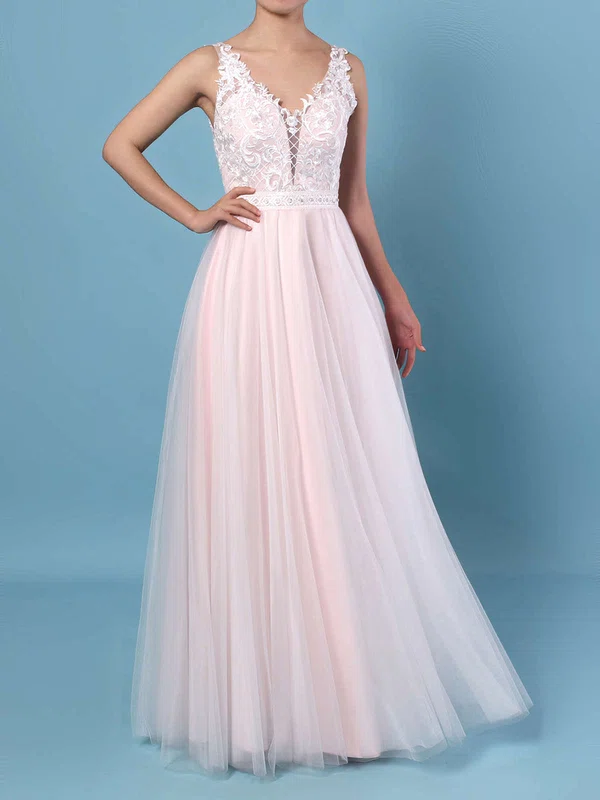 Ball Gown V-neck Tulle Floor-length Wedding Dresses With Beading #UKM00023366
