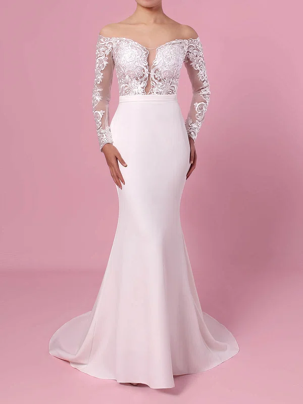 Trumpet/Mermaid Off-the-shoulder Satin Chiffon Sweep Train Wedding Dresses With Appliques Lace #UKM00023368