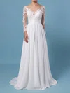 A-line V-neck Chiffon Sweep Train Wedding Dresses With Appliques Lace #UKM00023371