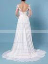 A-line V-neck Chiffon Tulle Sweep Train Appliques Lace Wedding Dresses #UKM00023371