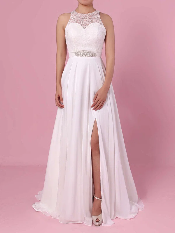A-line Illusion Lace Chiffon Floor-length Wedding Dresses With Split Front #UKM00023372