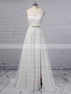 A-line Scoop Neck Lace Chiffon Floor-length Sashes / Ribbons Wedding Dresses #UKM00023372