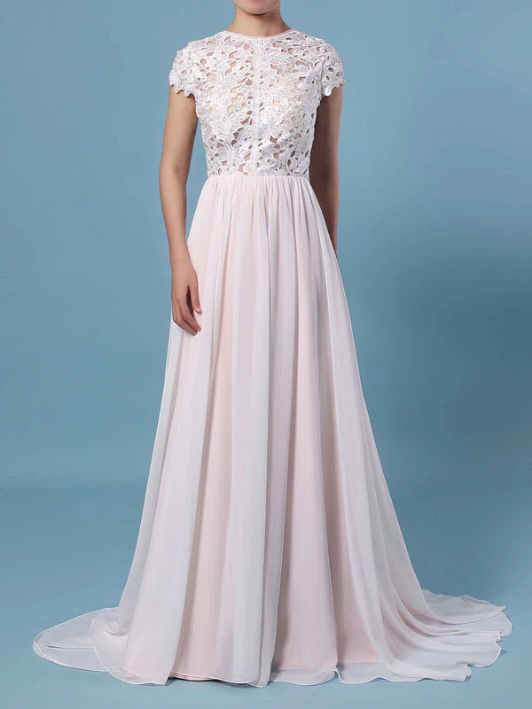 A-line Illusion Lace Chiffon Floor-length Wedding Dresses #UKM00023373