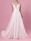 A-line V-neck Chiffon Sweep Train Wedding Dresses With Beading #UKM00023374