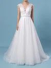 Ball Gown V-neck Tulle Sweep Train Wedding Dresses With Appliques Lace #UKM00023380