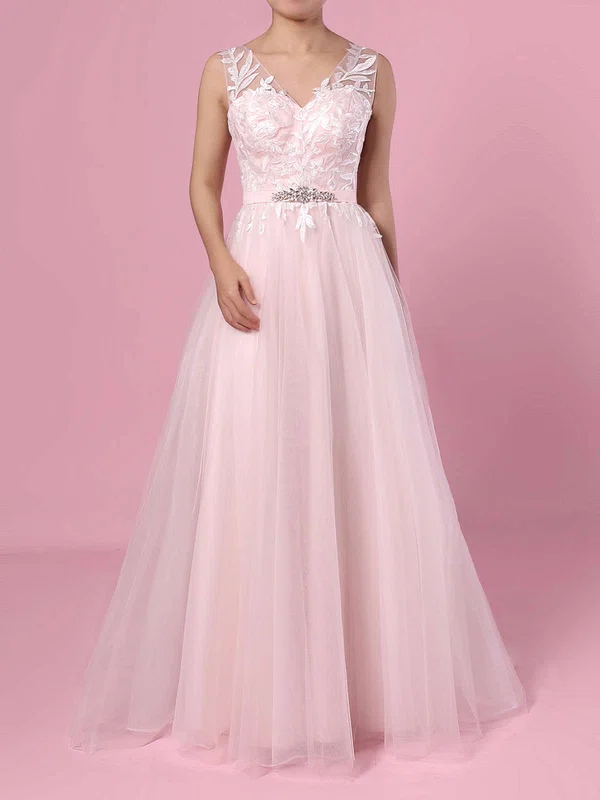 Ball Gown V-neck Tulle Sweep Train Wedding Dresses With Appliques Lace #UKM00023381