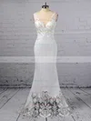 Trumpet/Mermaid V-neck Tulle Silk-like Satin Sweep Train Embroidered Wedding Dresses #UKM00023387