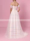 Princess Off-the-shoulder Tulle Sweep Train Sashes / Ribbons Wedding Dresses #UKM00023388
