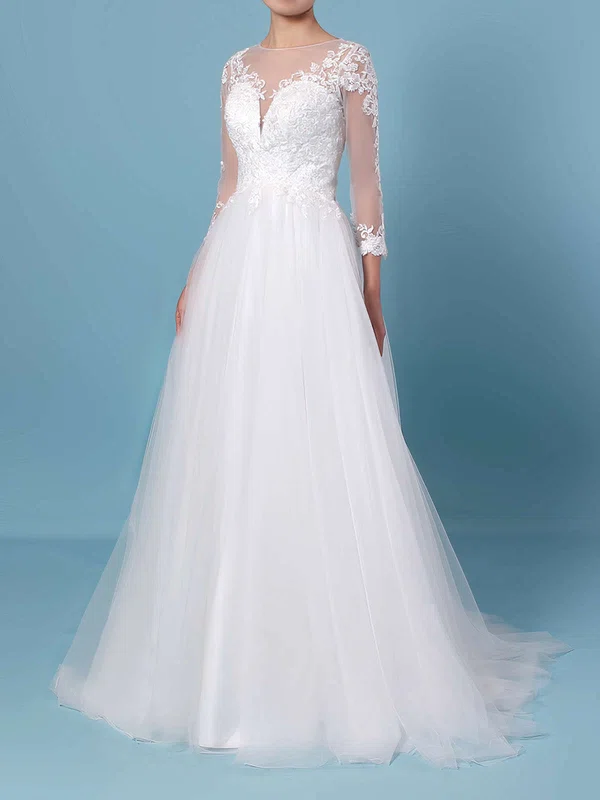 Princess Scoop Neck Tulle Sweep Train Appliques Lace Wedding Dresses #UKM00023389