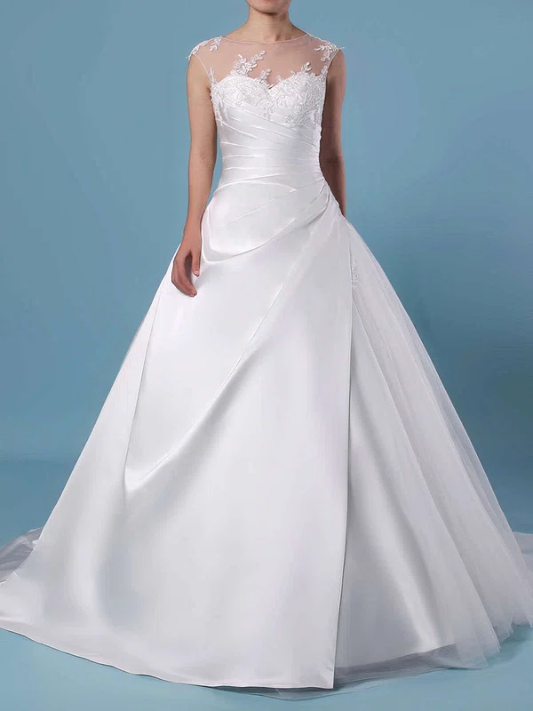 Ball Gown Scoop Neck Tulle Sweep Train Appliques Lace Wedding Dresses #UKM00023390