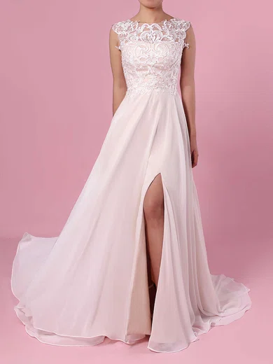 A-line Illusion Chiffon Sweep Train Wedding Dresses With Split Front #UKM00023392