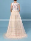 A-line Scoop Neck Lace Tulle Sweep Train Appliques Lace Wedding Dresses #UKM00023395