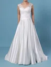 Ball Gown V-neck Lace Satin Sweep Train Wedding Dresses With Pockets #UKM00023403