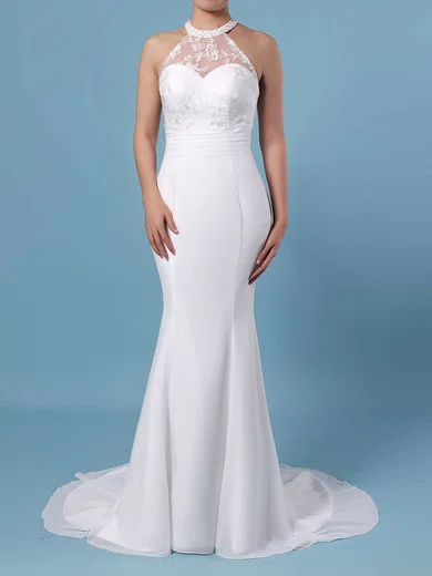 Trumpet/Mermaid Illusion Chiffon Sweep Train Wedding Dresses With Lace #UKM00023408