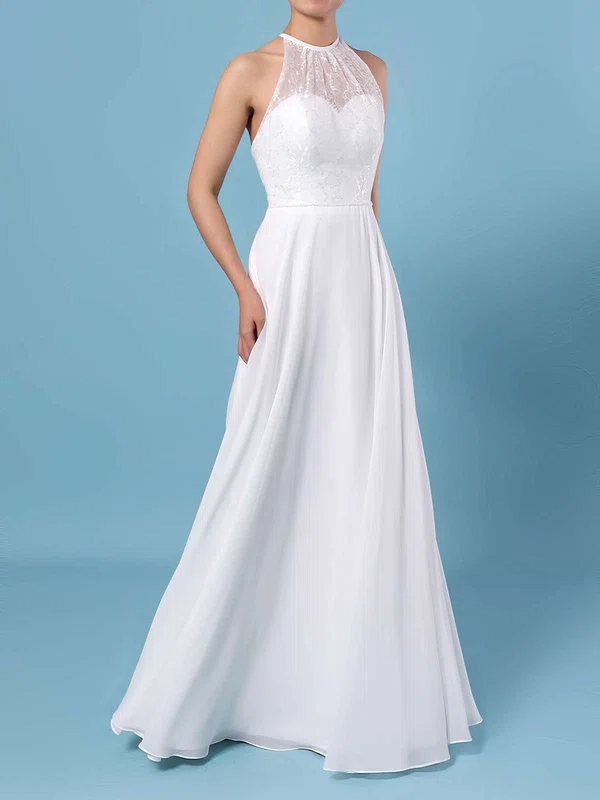 A-line Scoop Neck Chiffon Floor-length Lace Wedding Dresses #UKM00023409