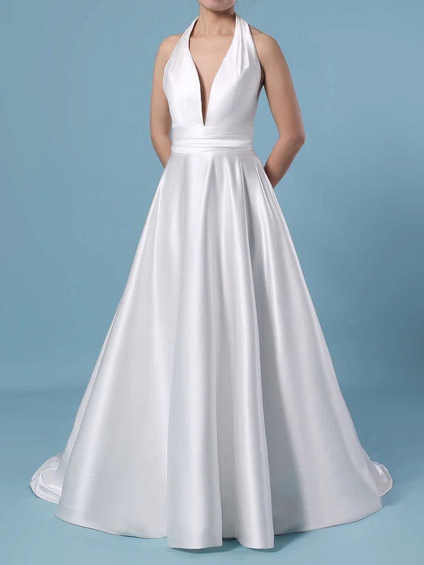 Ball Gown Halter Satin Sweep Train Ruffles Wedding Dresses #UKM00023424