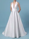 Ball Gown Halter Satin Sweep Train Wedding Dresses With Ruffles #UKM00023424