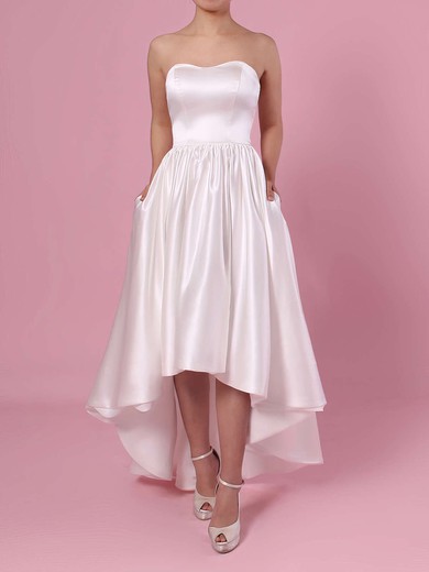 A-line Straight Satin Asymmetrical Wedding Dresses With Pockets #UKM00023426